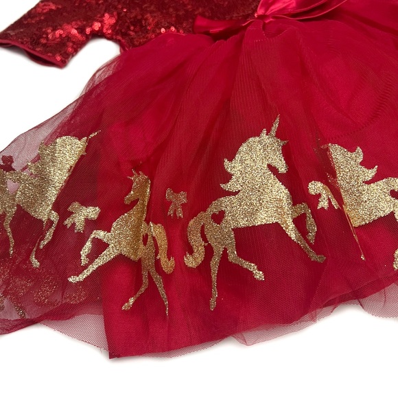 Zunie Girl’s Sequin Holiday Dress Red with Gold Glitter Unicorns Size 4 … - Picture 9 of 14